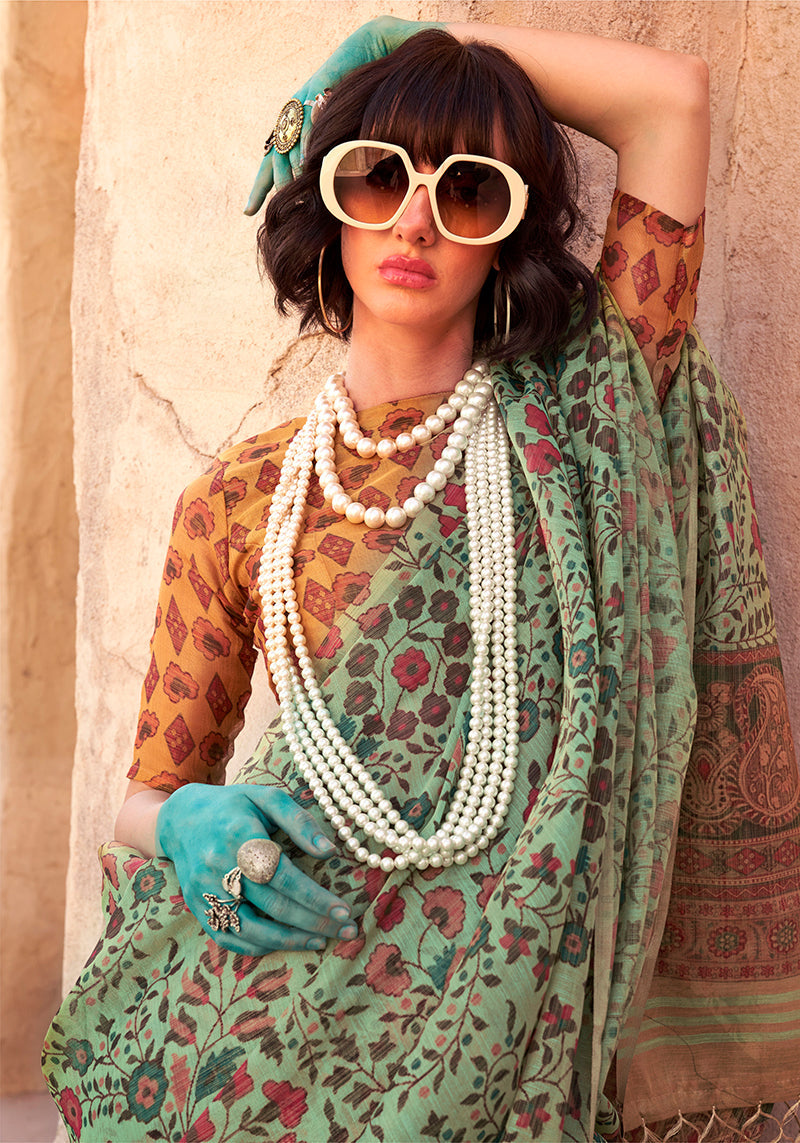 Monjolika Fashion Stunning Sea Green Colour Printed Tissue Designer Saree | Grocsy