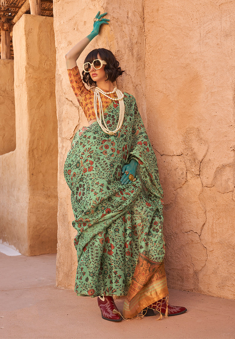 Monjolika Fashion Stunning Sea Green Colour Printed Tissue Designer Saree | Grocsy