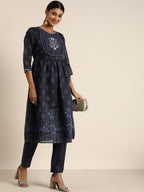 All About You Women Navy Blue Floral Printed Empire Kurta with Trousers | Grocsy