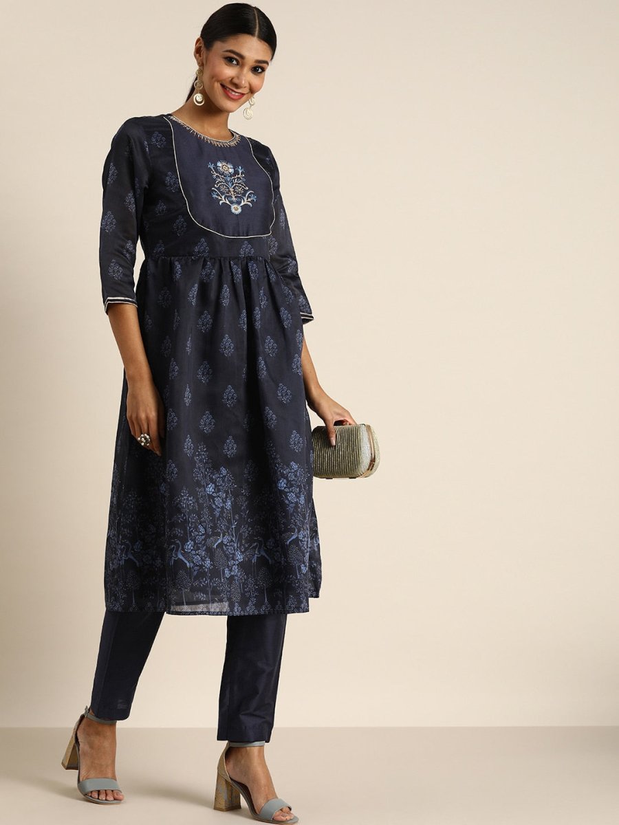 All About You Women Navy Blue Floral Printed Empire Kurta with Trousers | Grocsy