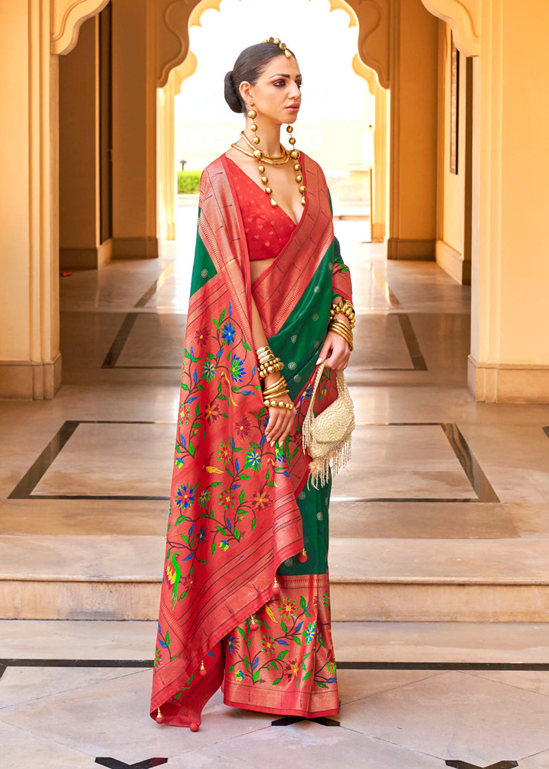 Monjolika Fashion Green Colour Soft Silk Sarees With Traditional Motifs | Grocsy