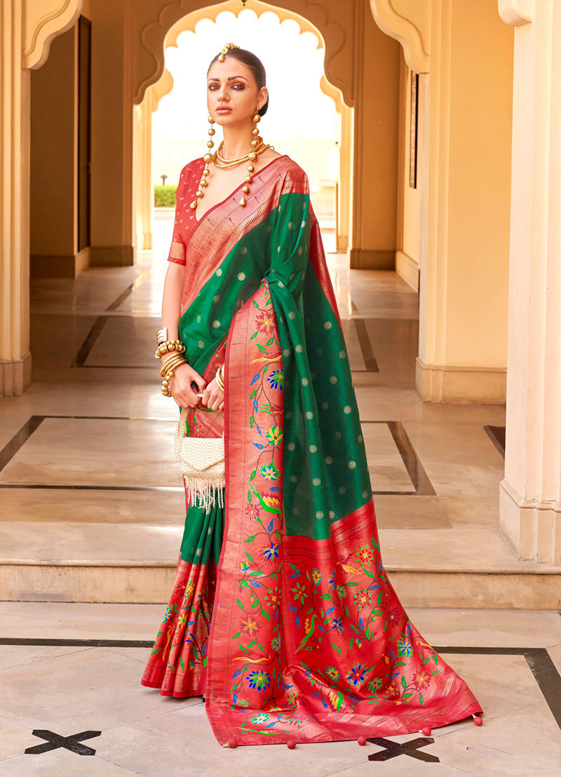 Monjolika Fashion Green Colour Soft Silk Sarees With Traditional Motifs | Grocsy