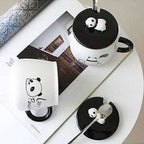 Panda Ceramic Mug with Ceramic Lid and Spoon(Random Design)-300 ML (Pack of 1) | Grocsy