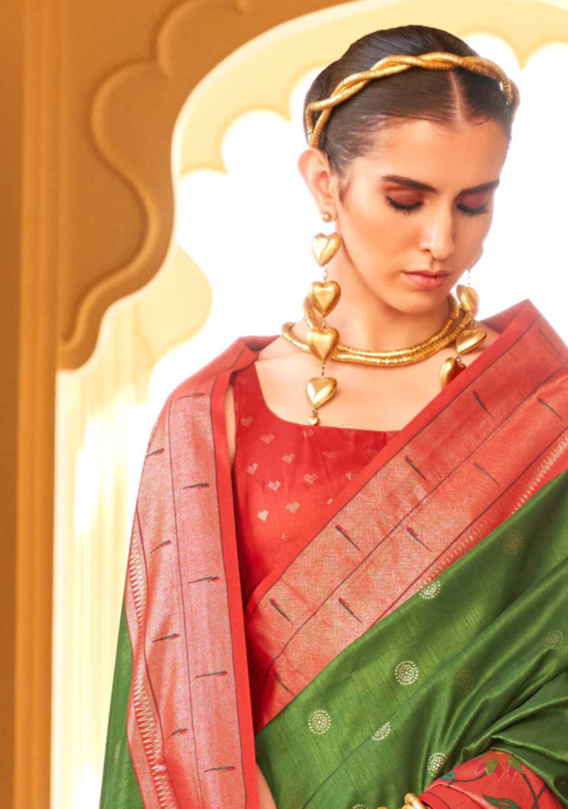 Monjolika Fashion Mehendi Colour Soft Silk Sarees With Traditional Motifs | Grocsy