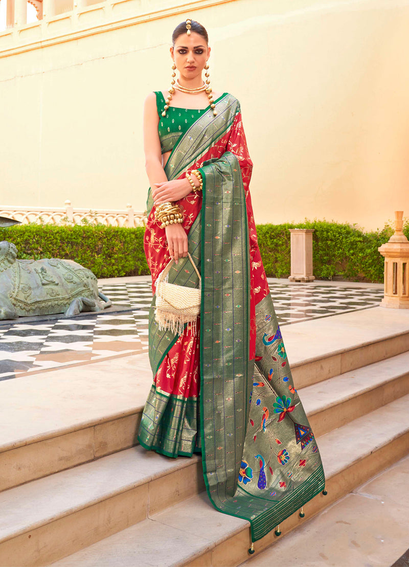 Monjolika Fashion Crimson Colour Soft Silk Sarees With Traditional Motifs | Grocsy