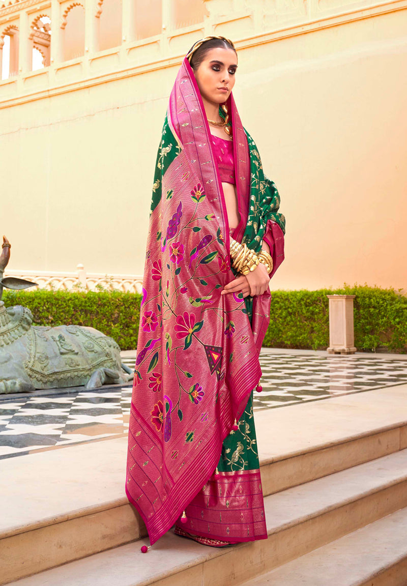 Monjolika Fashion Dark Green Colour Soft Silk Sarees With Traditional Motifs | Grocsy
