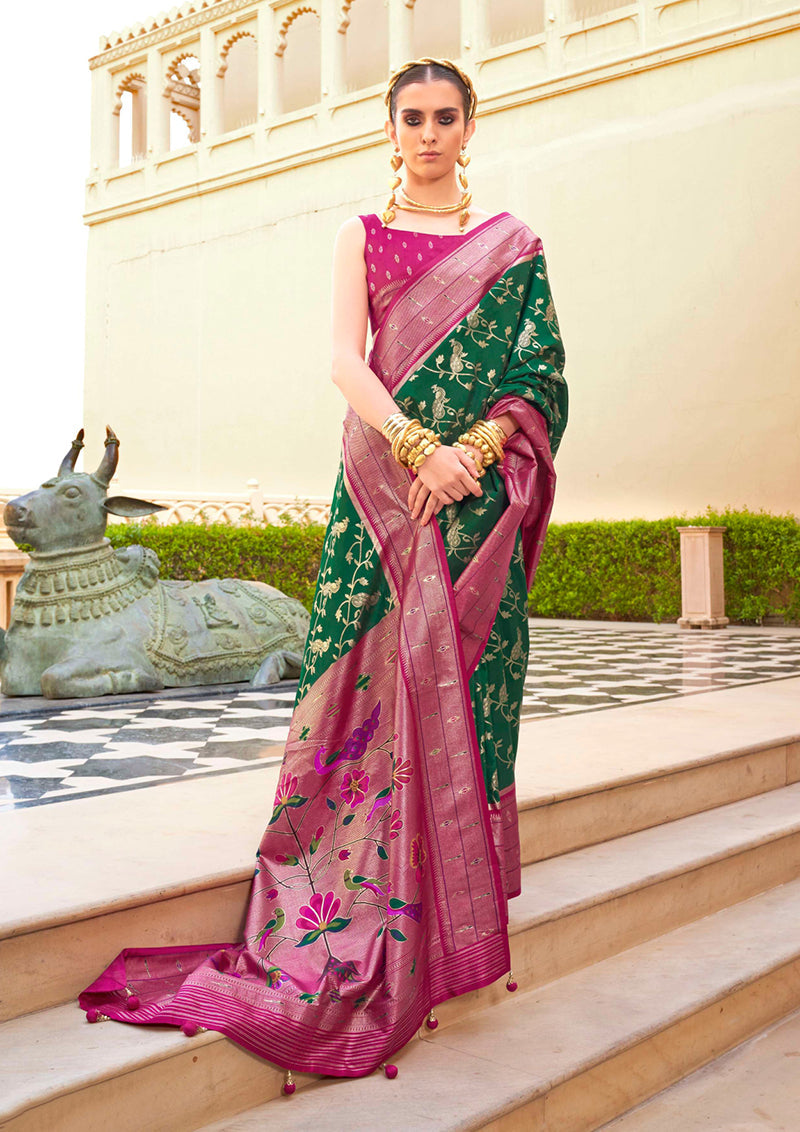 Monjolika Fashion Dark Green Colour Soft Silk Sarees With Traditional Motifs | Grocsy