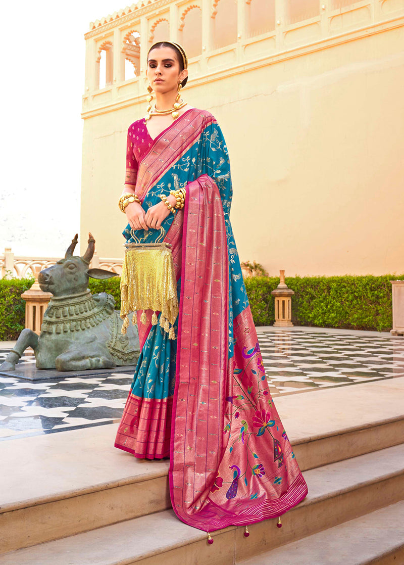 Monjolika Fashion Blue Colour Soft Silk Sarees With Traditional Motifs | Grocsy