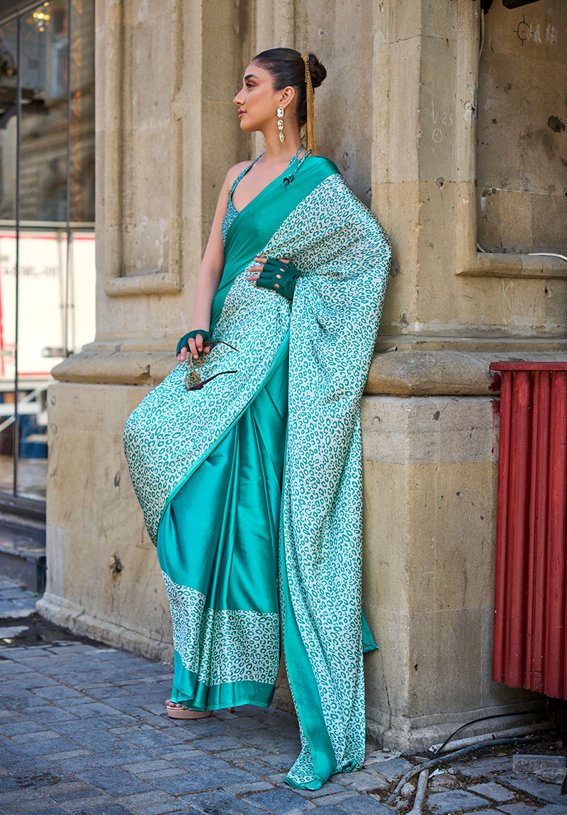 Monjolika Fashion Sea Green Colour Satin Silk Printed Lightwear Saree For Women | Grocsy