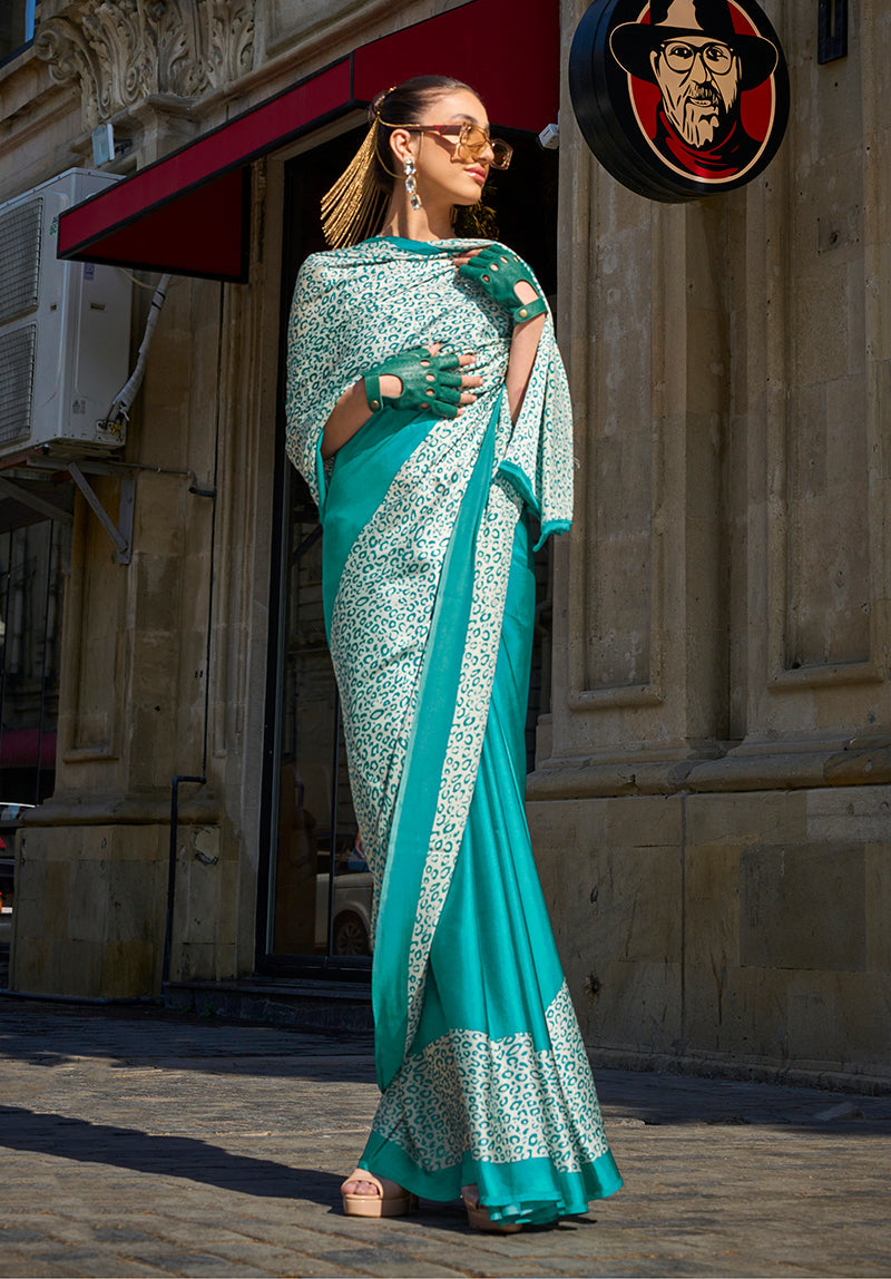 Monjolika Fashion Sea Green Colour Satin Silk Printed Lightwear Saree For Women | Grocsy