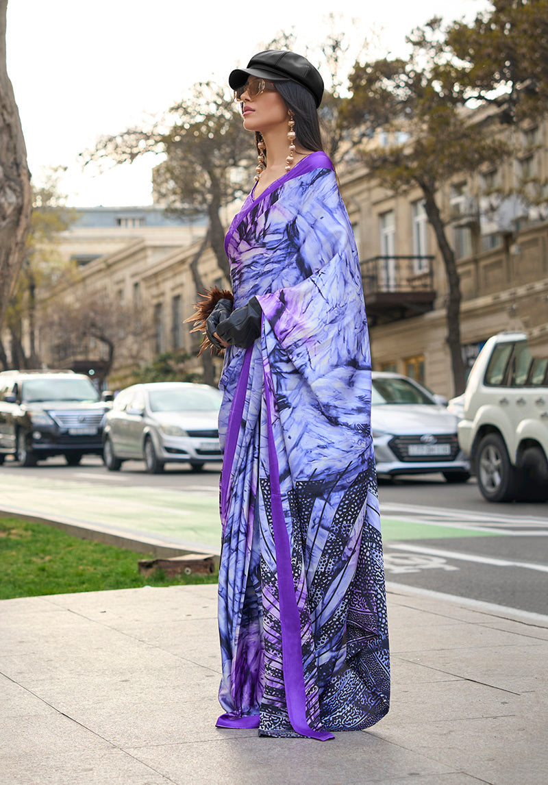 Monjolika Fashion Lilac Colour Satin Silk Printed Lightwear Saree For Women | Grocsy