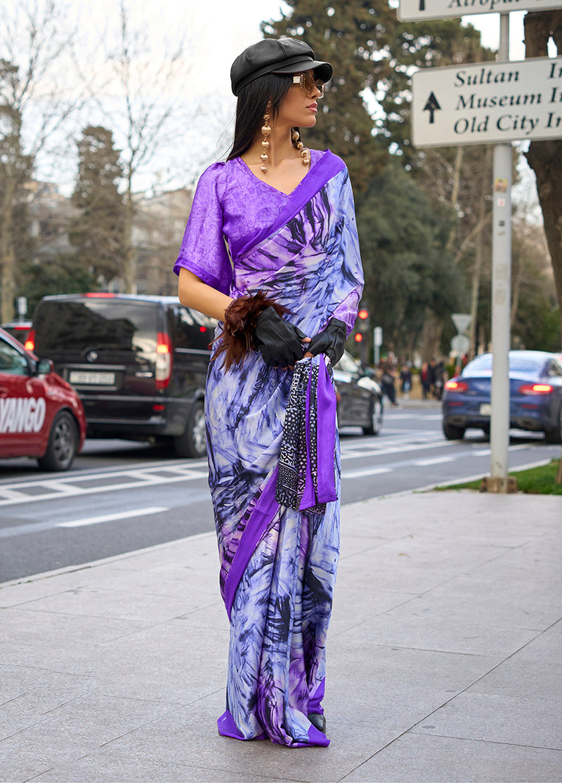 Monjolika Fashion Lilac Colour Satin Silk Printed Lightwear Saree For Women | Grocsy