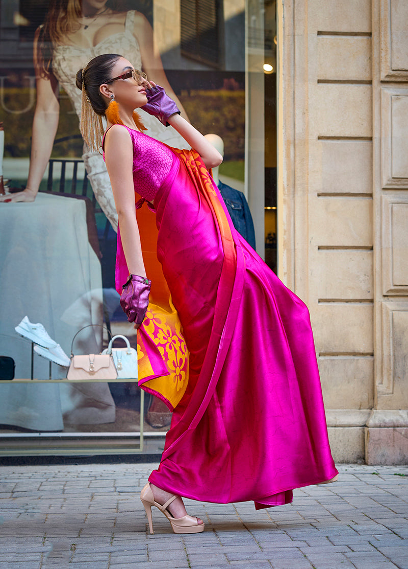 Monjolika Fashion Magenta Colour Satin Silk Printed Lightwear Saree For Women | Grocsy