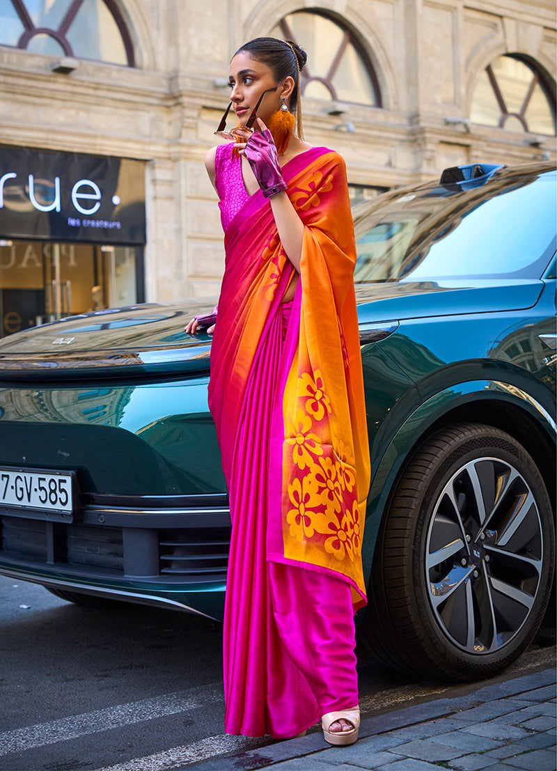 Monjolika Fashion Magenta Colour Satin Silk Printed Lightwear Saree For Women | Grocsy
