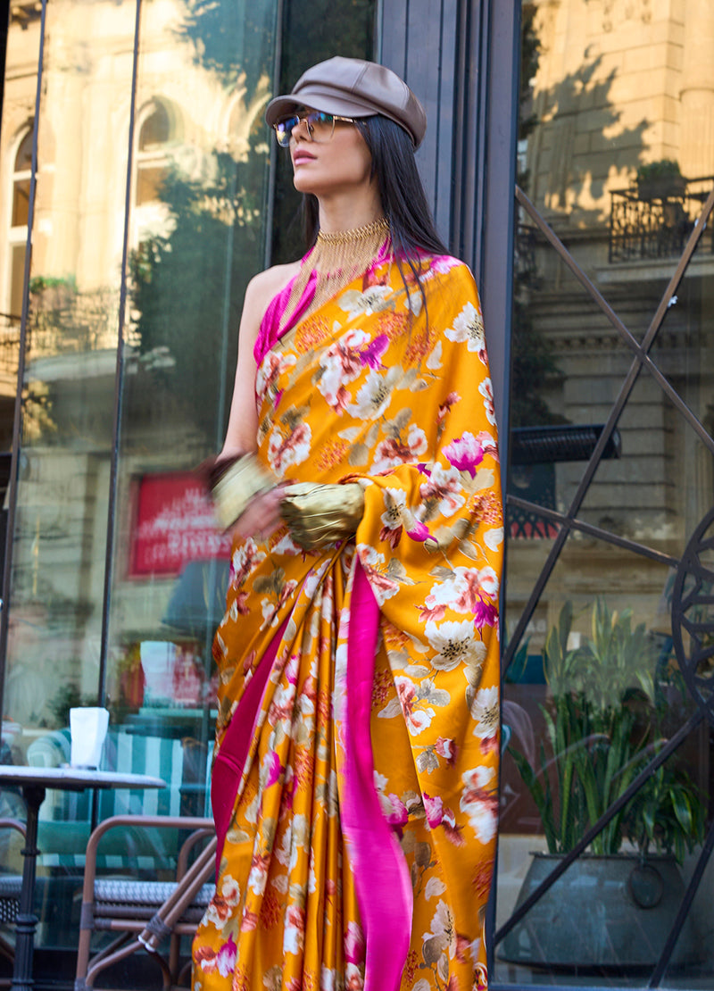 Monjolika Fashion Mustard Colour Satin Silk Printed Lightwear Saree For Women | Grocsy