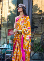Monjolika Fashion Mustard Colour Satin Silk Printed Lightwear Saree For Women | Grocsy