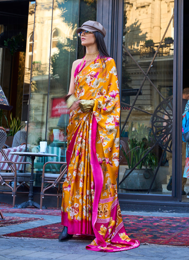 Monjolika Fashion Mustard Colour Satin Silk Printed Lightwear Saree For Women | Grocsy