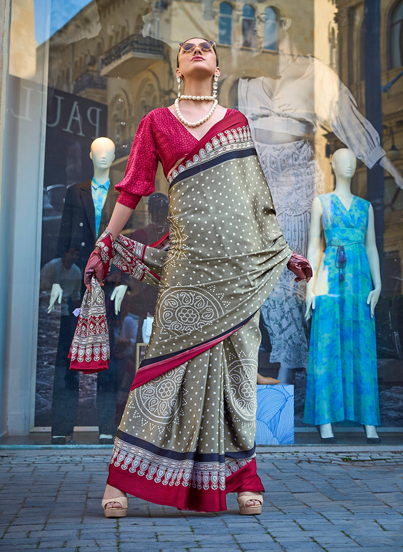 Monjolika Fashion Light Brown Colour Satin Silk Printed Lightwear Saree For Women | Grocsy
