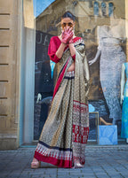 Monjolika Fashion Light Brown Colour Satin Silk Printed Lightwear Saree For Women | Grocsy