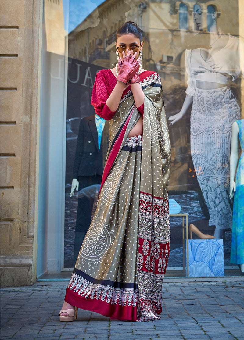 Monjolika Fashion Light Brown Colour Satin Silk Printed Lightwear Saree For Women | Grocsy