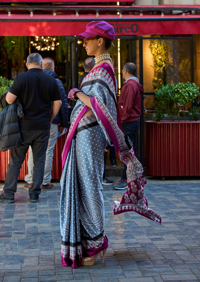 Monjolika Fashion Grey Colour Satin Silk Printed Lightwear Saree For Women | Grocsy