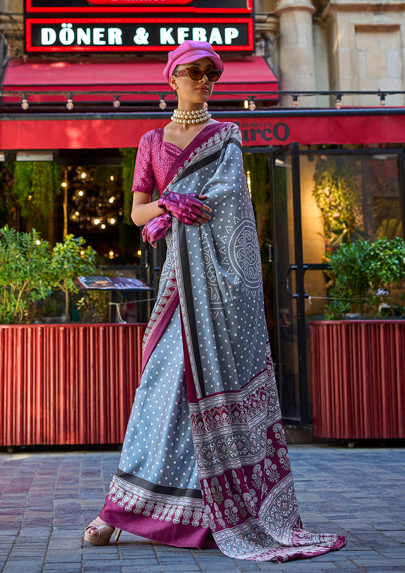 Monjolika Fashion Grey Colour Satin Silk Printed Lightwear Saree For Women | Grocsy