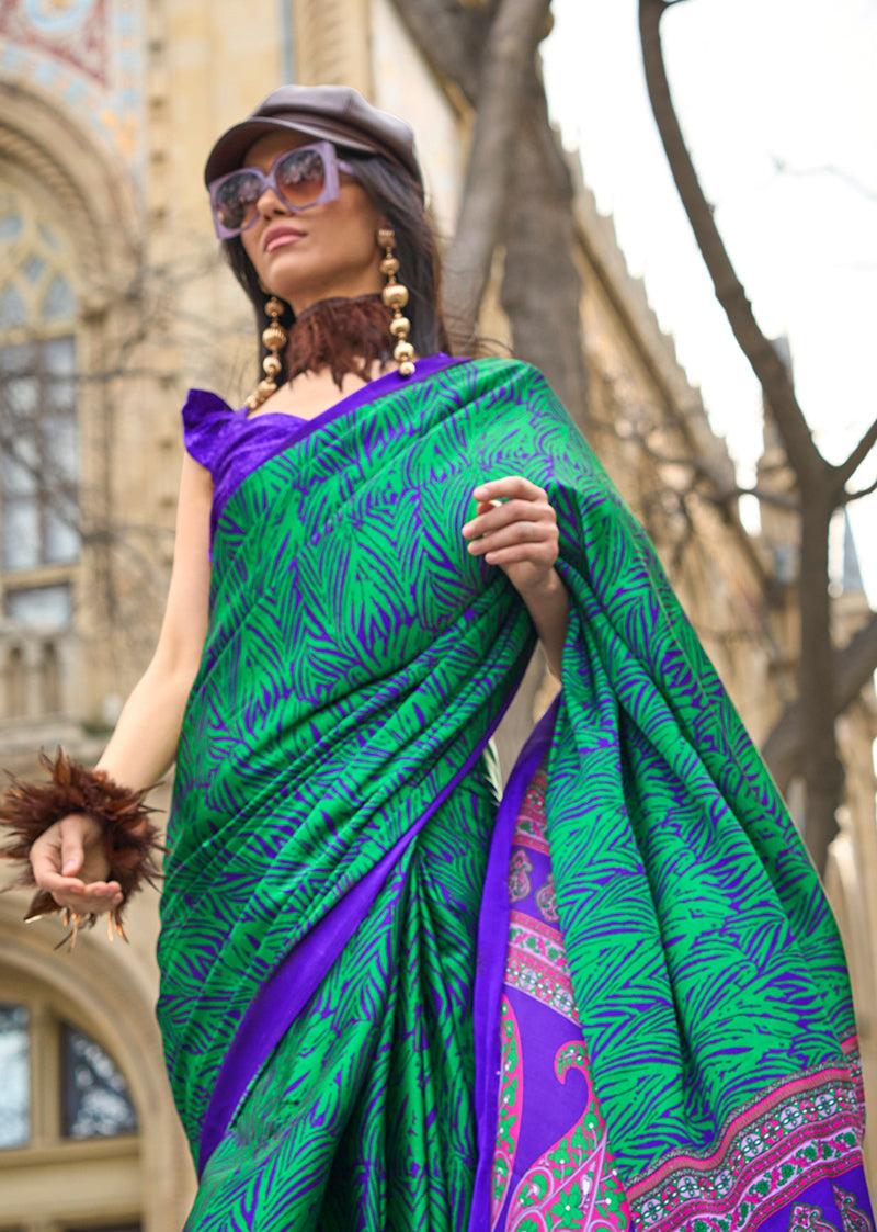Monjolika Fashion Royal Blue Colour Satin Silk Printed Lightwear Saree For Women | Grocsy
