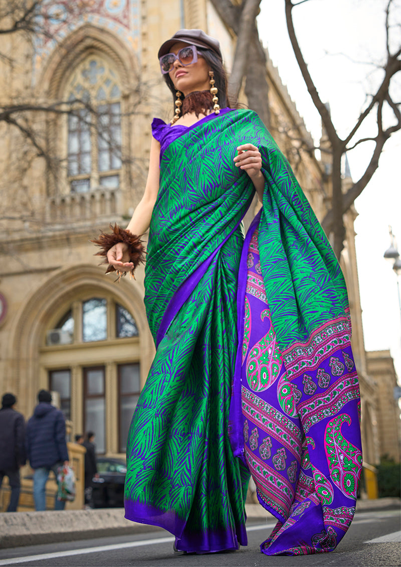Monjolika Fashion Royal Blue Colour Satin Silk Printed Lightwear Saree For Women | Grocsy