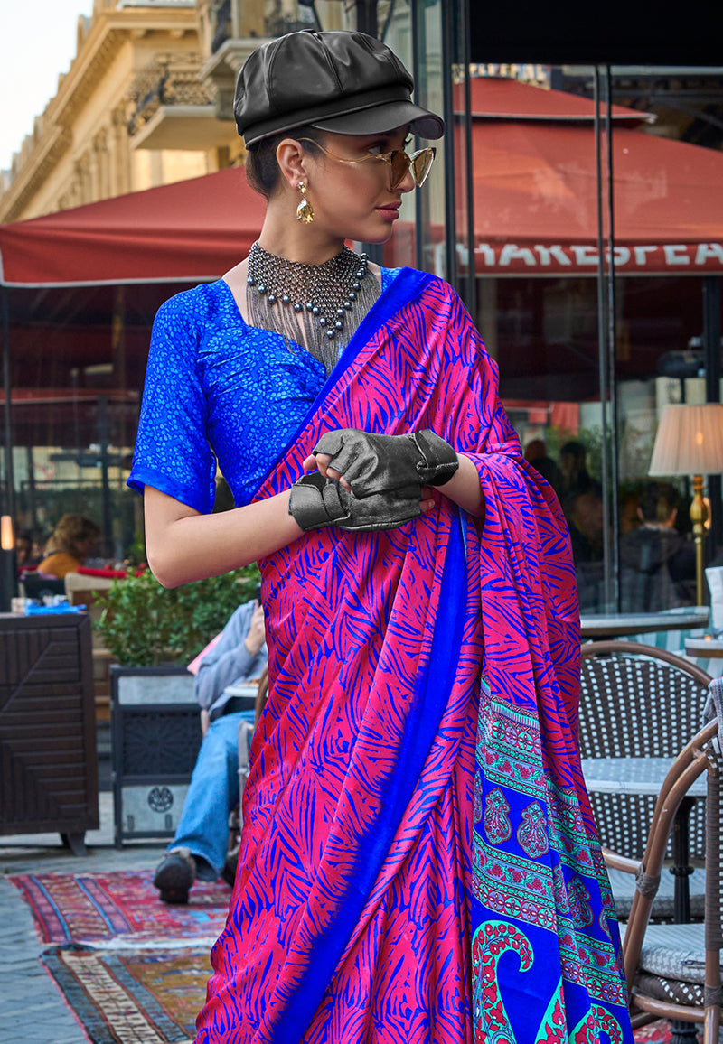 Monjolika Fashion Magenta Colour Satin Silk Printed Lightwear Saree For Women | Grocsy