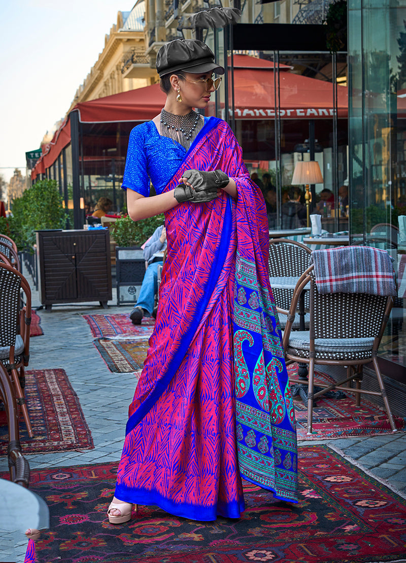 Monjolika Fashion Magenta Colour Satin Silk Printed Lightwear Saree For Women | Grocsy