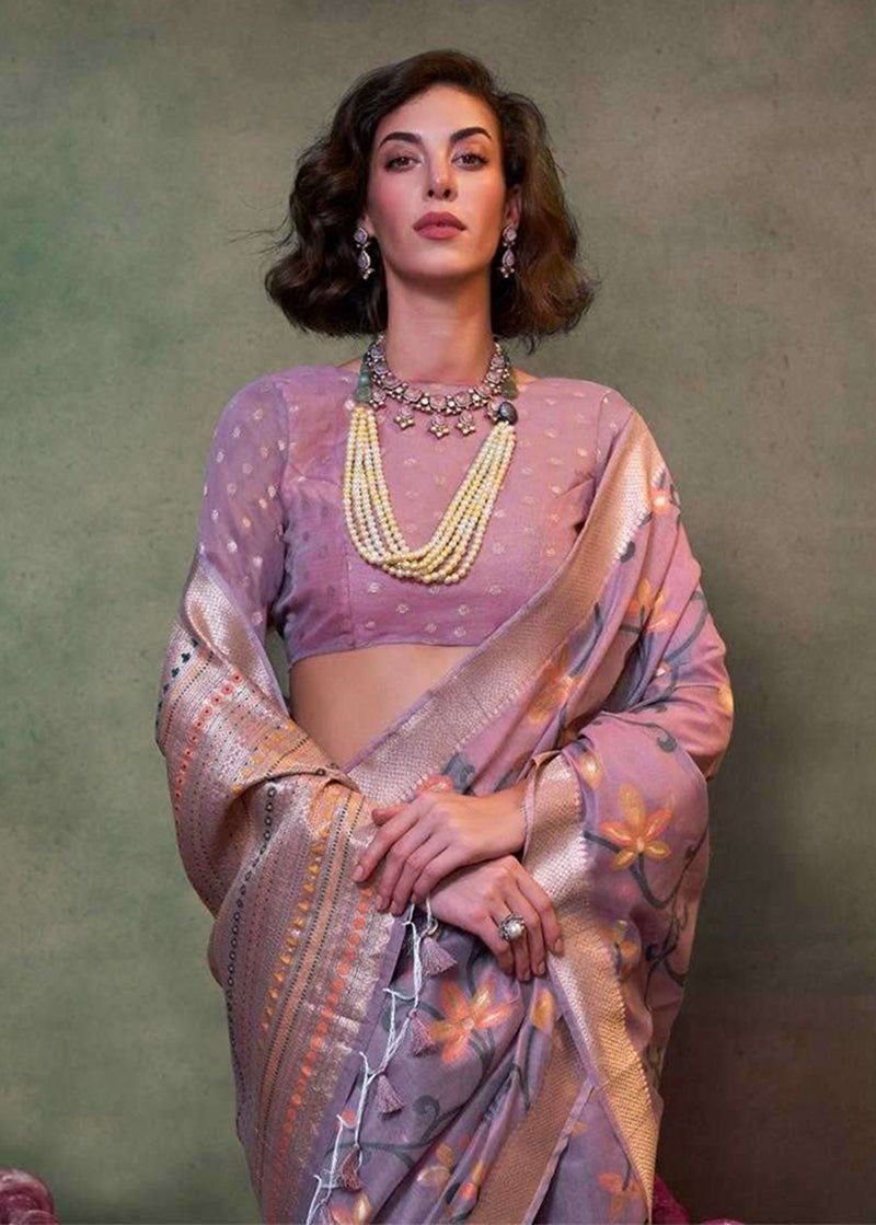 Monjolika Fashion Light Lilac Colour Mulmul Cotton Printed Lightwear Saree | Grocsy