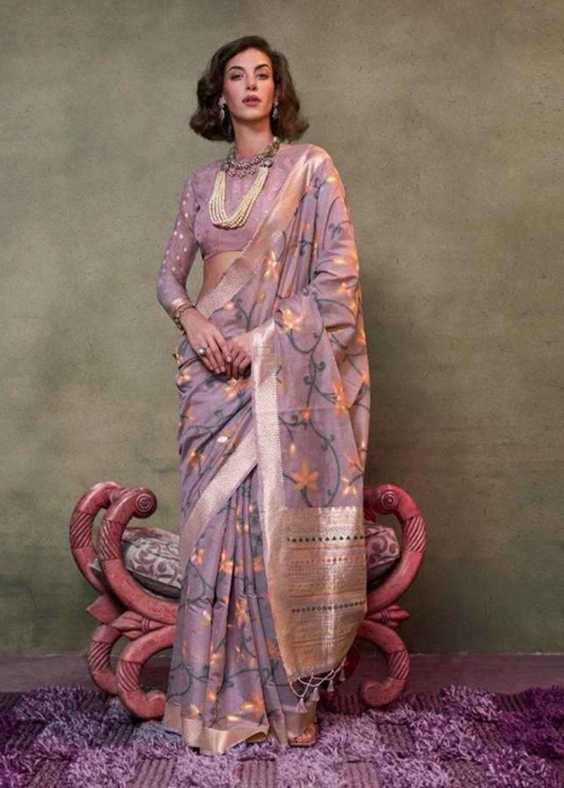 Monjolika Fashion Light Lilac Colour Mulmul Cotton Printed Lightwear Saree | Grocsy