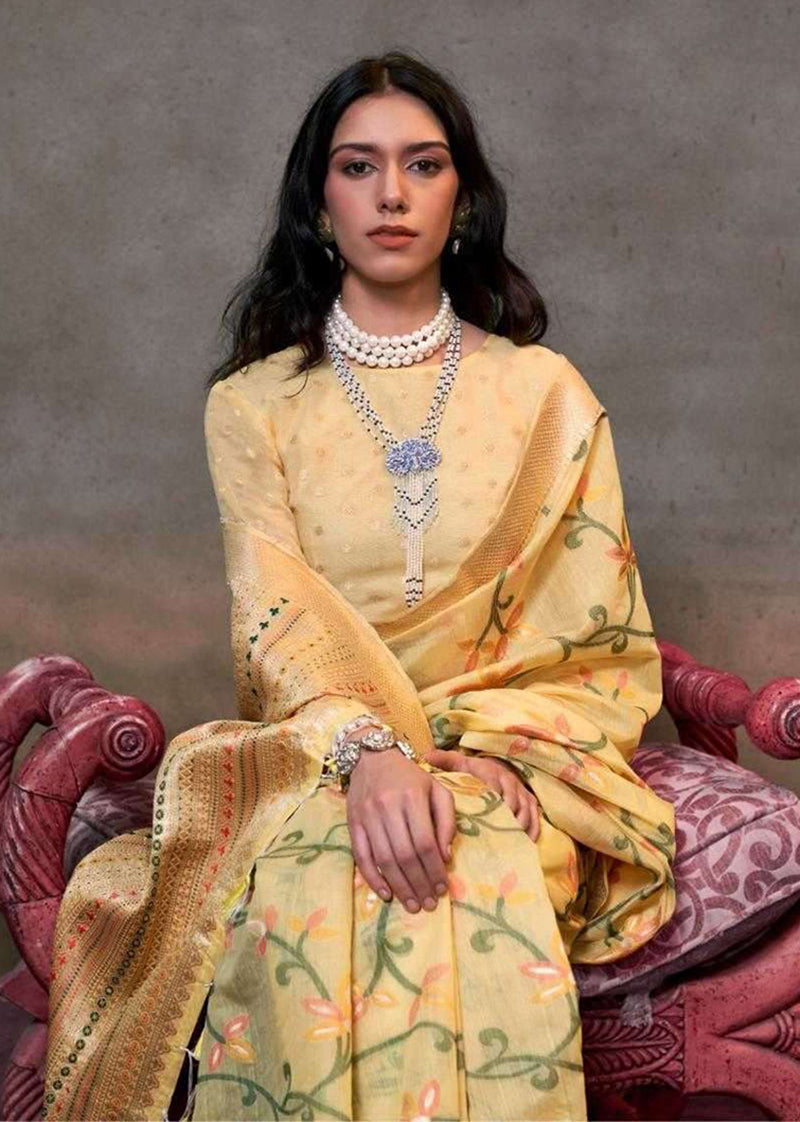 Monjolika Fashion Light Yellow Colour Mulmul Cotton Printed Lightwear Saree | Grocsy