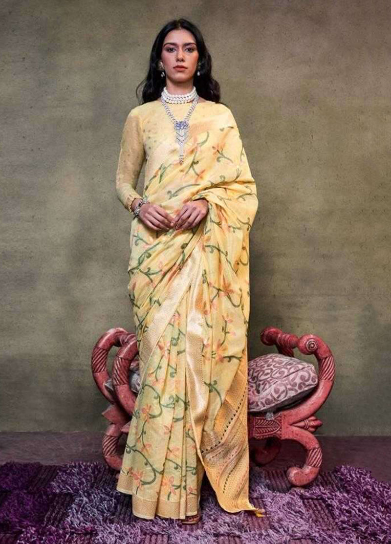 Monjolika Fashion Light Yellow Colour Mulmul Cotton Printed Lightwear Saree | Grocsy