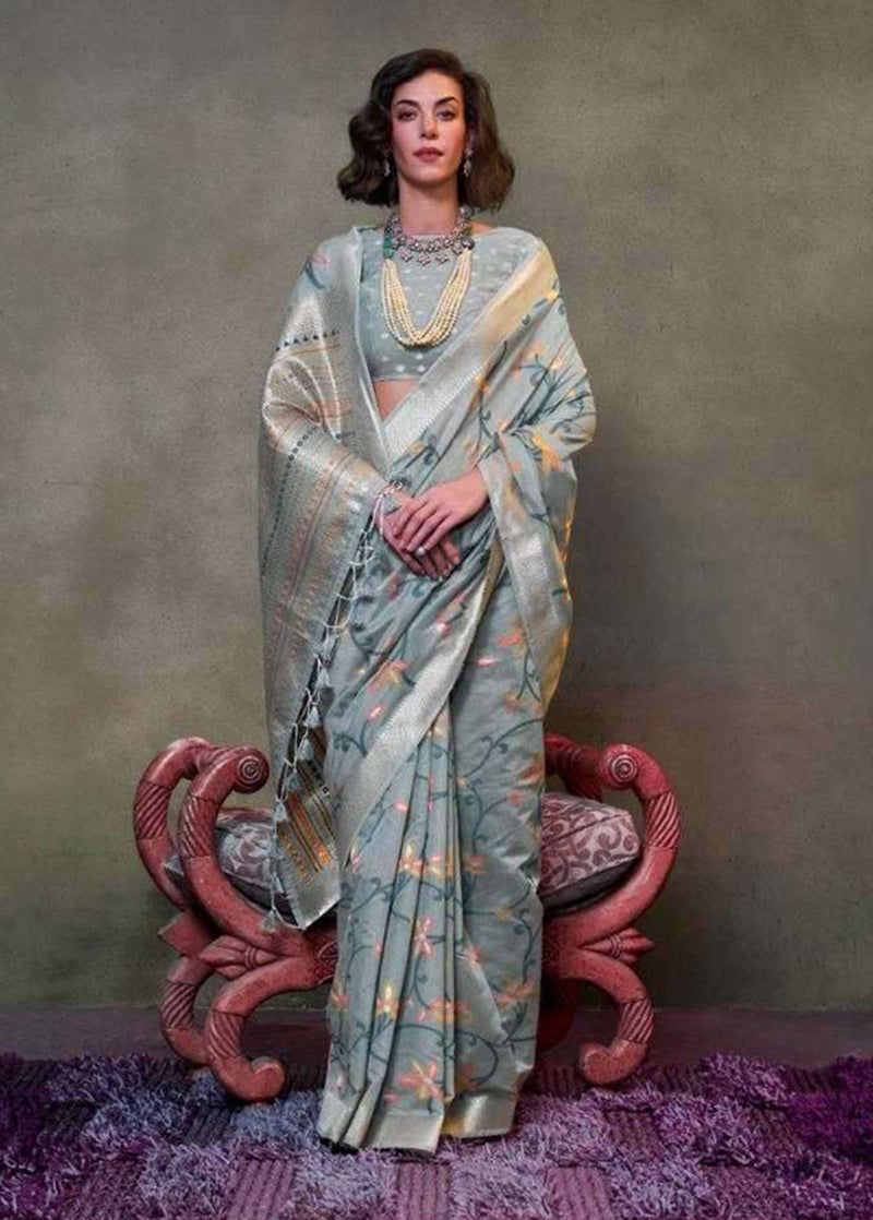Monjolika Fashion Slate Grey Colour Mulmul Cotton Printed Lightwear Saree | Grocsy