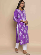 HOUSE OF KARI Floral Chikankari Embroidered Notched Round Neck Straight Kurta | Grocsy