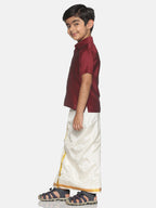 Sethukrishna Boys Maroon & White Solid Shirt and Veshti Set | Grocsy