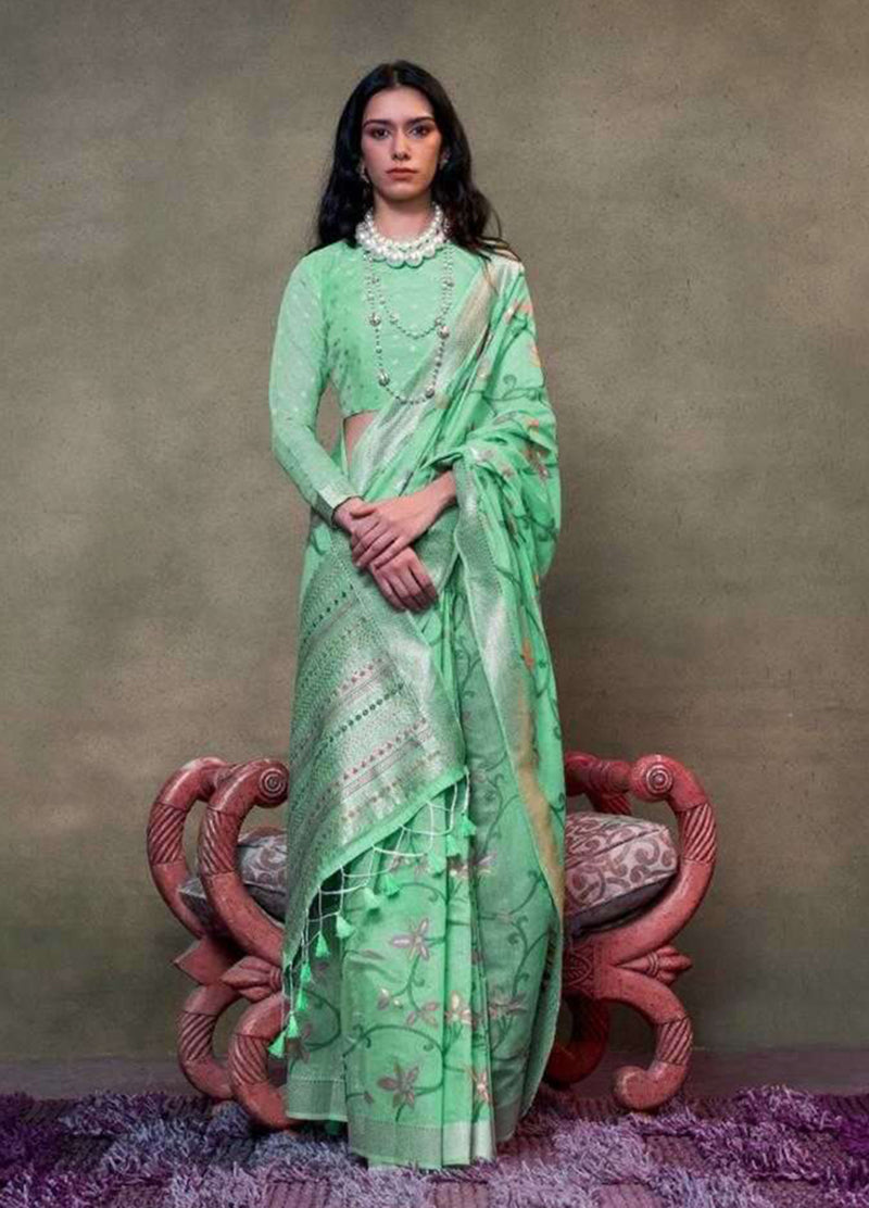 Monjolika Fashion Sea Green Colour Mulmul Cotton Printed Lightwear Saree | Grocsy