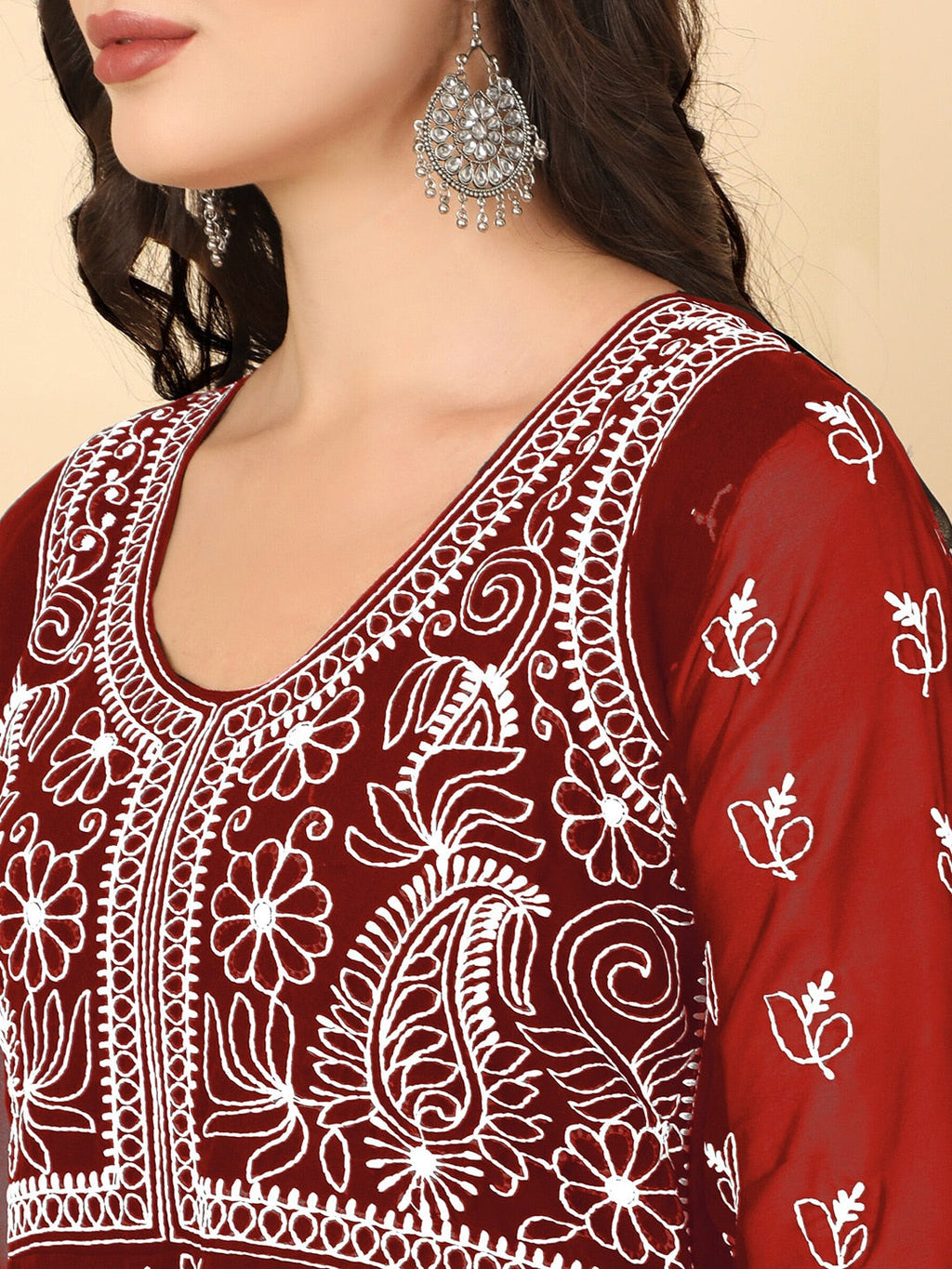HERE&NOW Scoop Neck Chikankari Embroidered Thread Work Georgette Anarkali Kurta | Grocsy