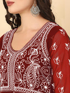 HERE&NOW Scoop Neck Chikankari Embroidered Thread Work Georgette Anarkali Kurta | Grocsy