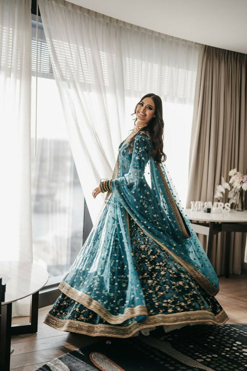 Jyoti Fashion Bottle Green Cording & Sequence Embroidery Velvet Lehenga Choli with Dupatta | Grocsy