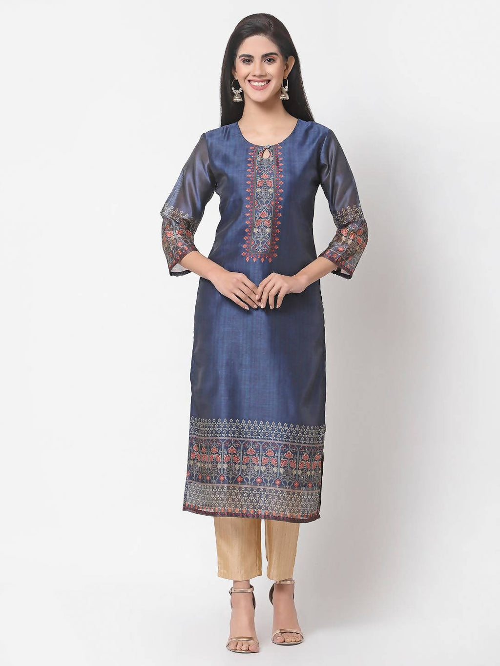 Myshka Navy Blue Printed Chanderi Silk 3/4 Sleeve Round Neck Casual Kurta | Grocsy