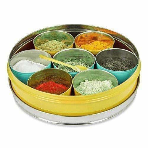 Stainless Steel Made Masala Box Spice Box Masala Dabba Container With Glass Lid 7 Compartments With 1 Spoon | Grocsy