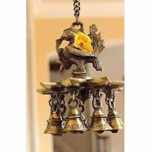 Peacock Hanging Brass Diya with Bells | Grocsy