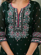 Juniper Women's Green Floral Printed Georgette Kurta Sharara & Dupatta Set With Sequins | Grocsy