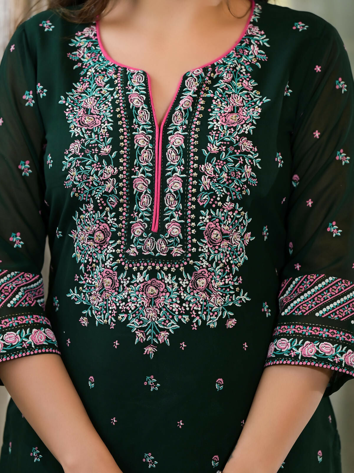 Juniper Women's Green Floral Printed Georgette Kurta Sharara & Dupatta Set With Sequins | Grocsy