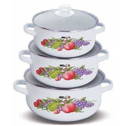 Decorative Enamel Casserole with Glass Lids - Set of 3 | Grocsy