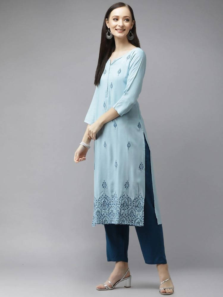 Yufta Women Blue Embroidered Thread Work Kurta with Palazzo & With Dupatta | Grocsy