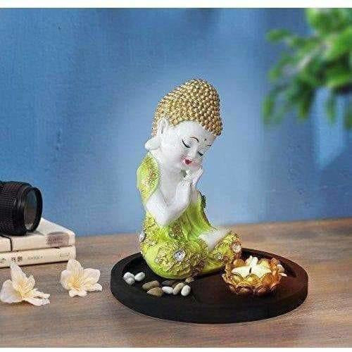 Multi - Color Handmade Buddha Showpiece and Stones On Wooden Tray | Grocsy