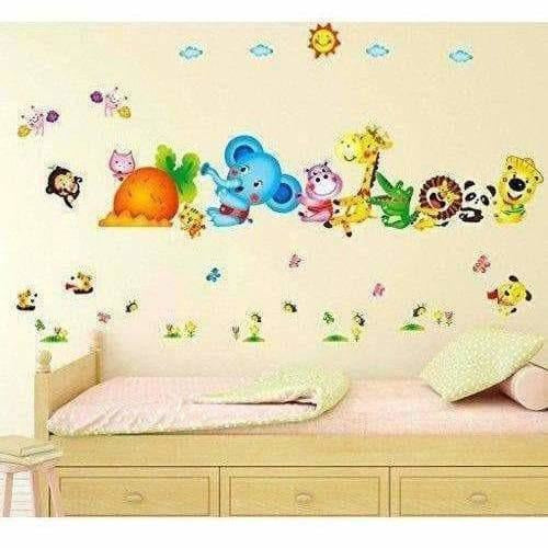 Happy Cute Elephant Monkey Cartoon Animals  Wall Sticker | Grocsy